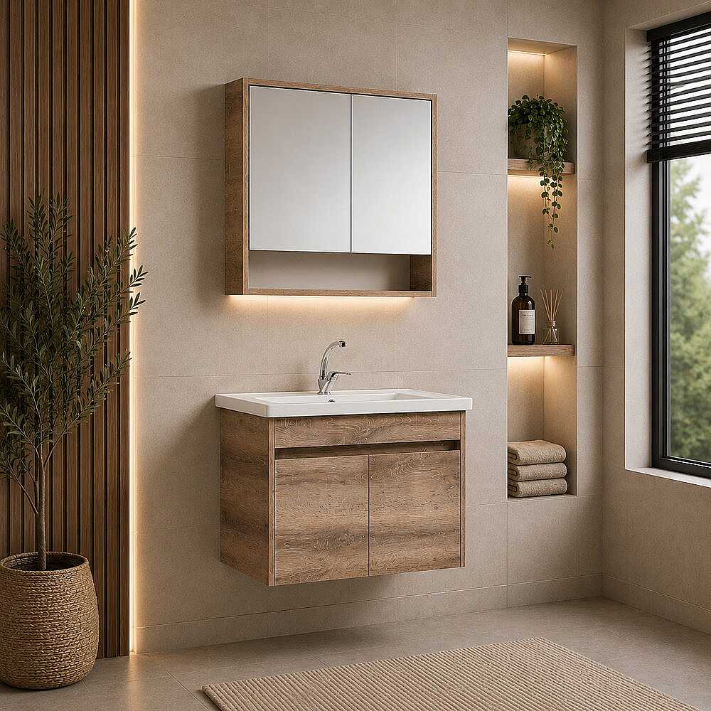 Kalay Kayra Banyo Dolabı Takımı 80cm Sacromento Meşe